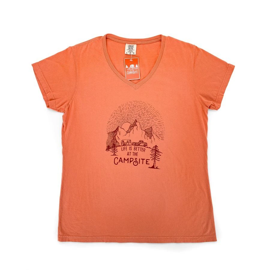 CAMCO Life Is Better At The Campsite Terracota Sunrise V-Neck Shirt 1 CAMCO Life Is Better At The Campsite Terracota Sunrise V-Neck Shirt