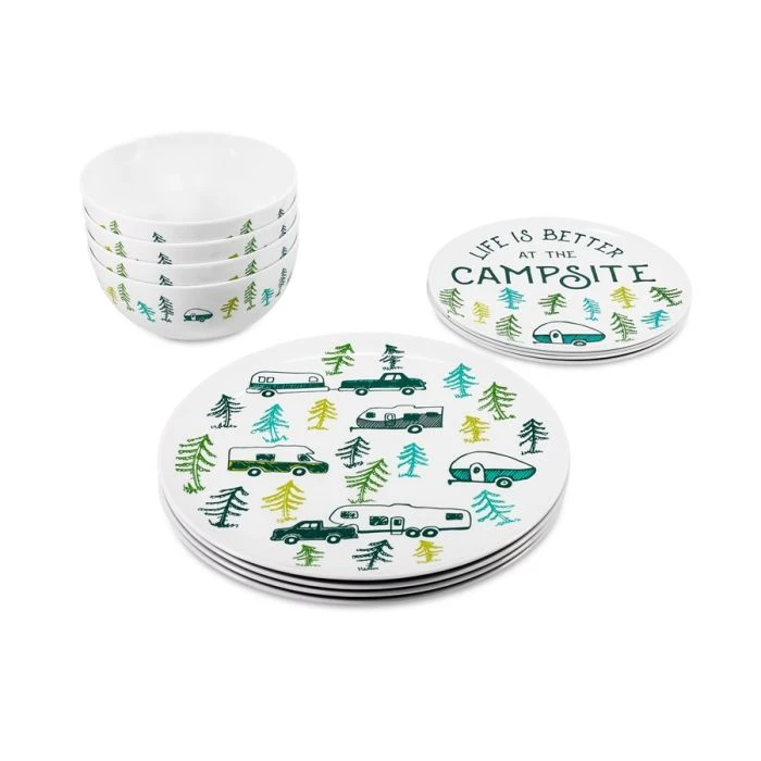 Camco Life Is Better At The Camp Site RV Sketch Pattern Dinnerware Set 1 Camco Life Is Better At The Camp Site RV Sketch Pattern Dinnerware Set