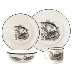 Walleye Pattern 16 Piece Enamelware Dish Set